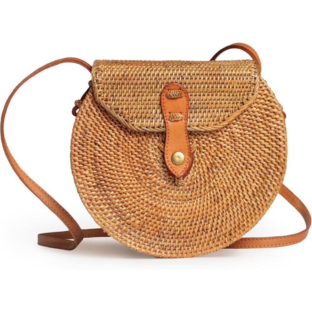 Round Rattan Bag Handmade Bali Natural Straw Crossbody Boho Purse Accessories